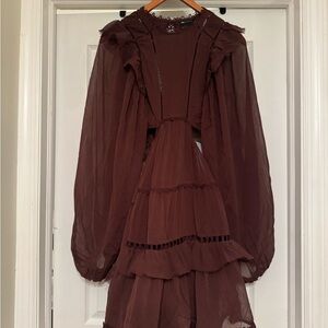 NWT ASOS DESIGN US 6 Tall Lace Insert High Neck Mini Dress Frills (Chocolate)